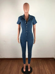  Showlu Fashion Store Jeans Stretch Jumpsuit Sexy Women Turn Down Collar Skinny Blue Denim Casual Overalls Rompers