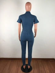  Showlu Fashion Store Jeans Stretch Jumpsuit Sexy Women Turn Down Collar Skinny Blue Denim Casual Overalls Rompers