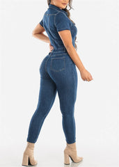  Showlu Fashion Store Jeans Stretch Jumpsuit Sexy Women Turn Down Collar Skinny Blue Denim Casual Overalls Rompers