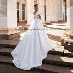  Showlu Fashion Store Jiayigong Gorgeous Ball Gown Wedding Dresses Off The Shoulder V Neck Simple Satin   Sweep Train Corset Bridal Dress