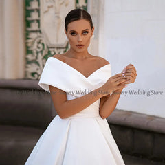  Showlu Fashion Store Jiayigong Gorgeous Ball Gown Wedding Dresses Off The Shoulder V Neck Simple Satin   Sweep Train Corset Bridal Dress