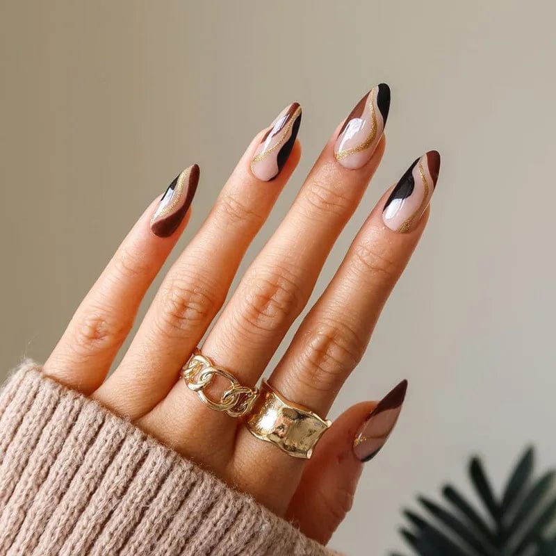 Light green striped press-on nails by Showlu Fashion Store, long coffin acrylic tips with gradient design, worn on natural nails.