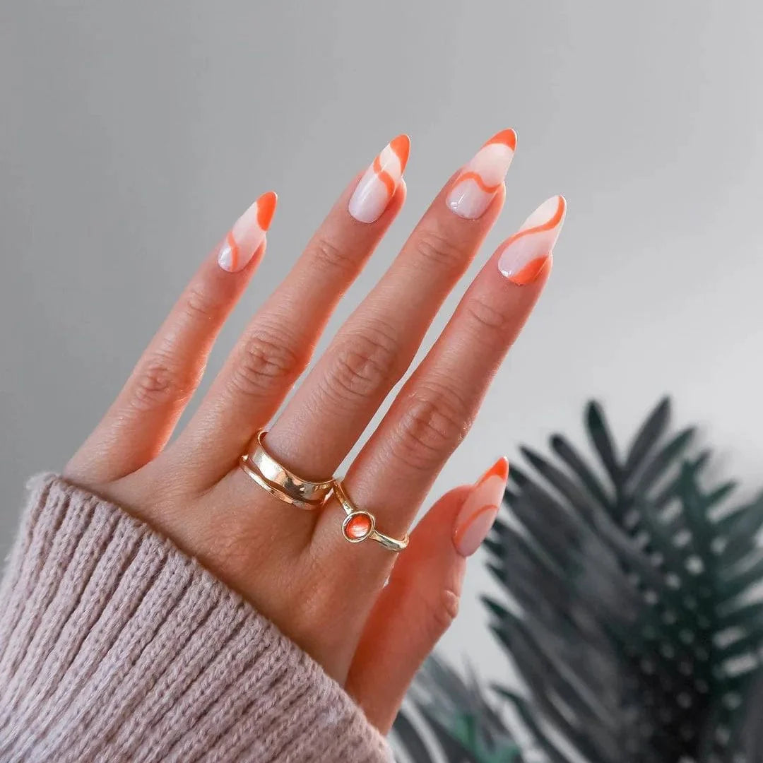 Light green stripe gradient press-on nails by Showlu Fashion Store, long coffin acrylic tips with seamless full-cover design.