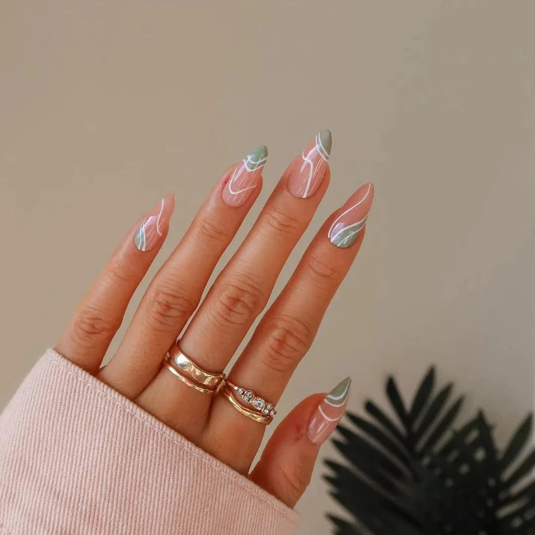 Light green stripe gradient press-on nails by Showlu Fashion Store, 24 long coffin acrylic tips with stylish design.