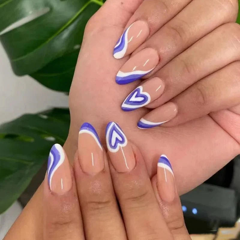 Light green stripe press on nails by Showlu Fashion Store, 24pc long coffin acrylic tips with gradient design, worn on fingers.