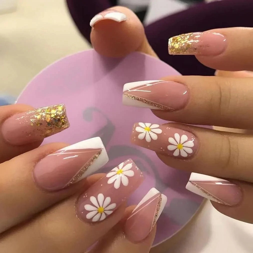 Light green striped press-on nails by Showlu Fashion Store, long coffin acrylic tips with gradient design, 24-piece set.