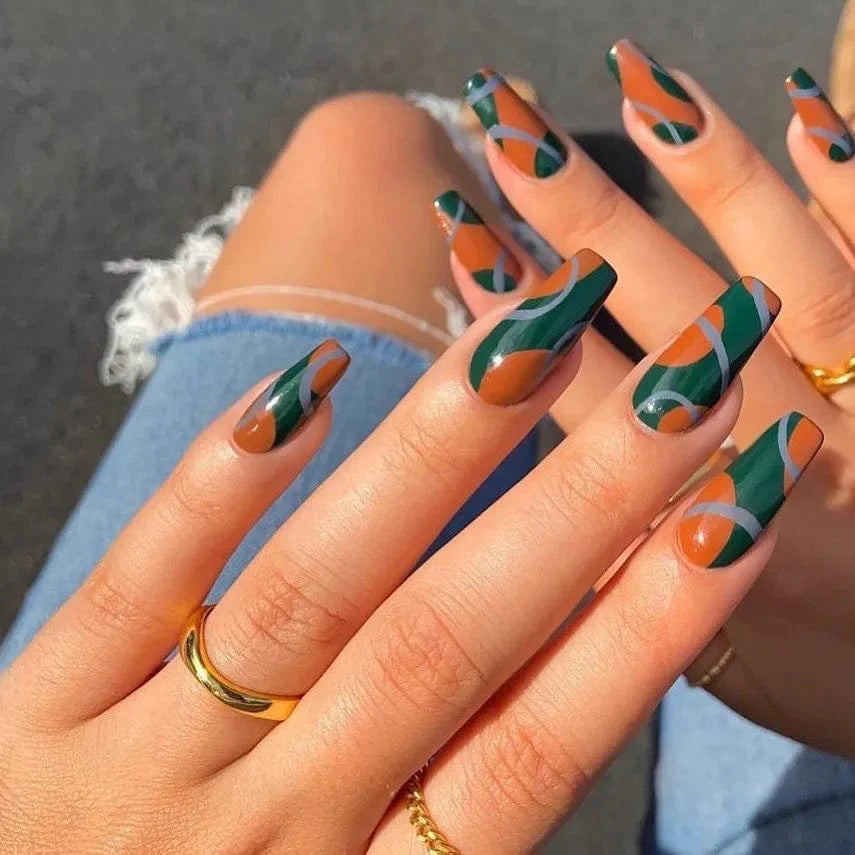 Light green striped press-on nails with gradient design, long coffin shape, 24-piece set by HOEPOOK from Showlu Fashion Store