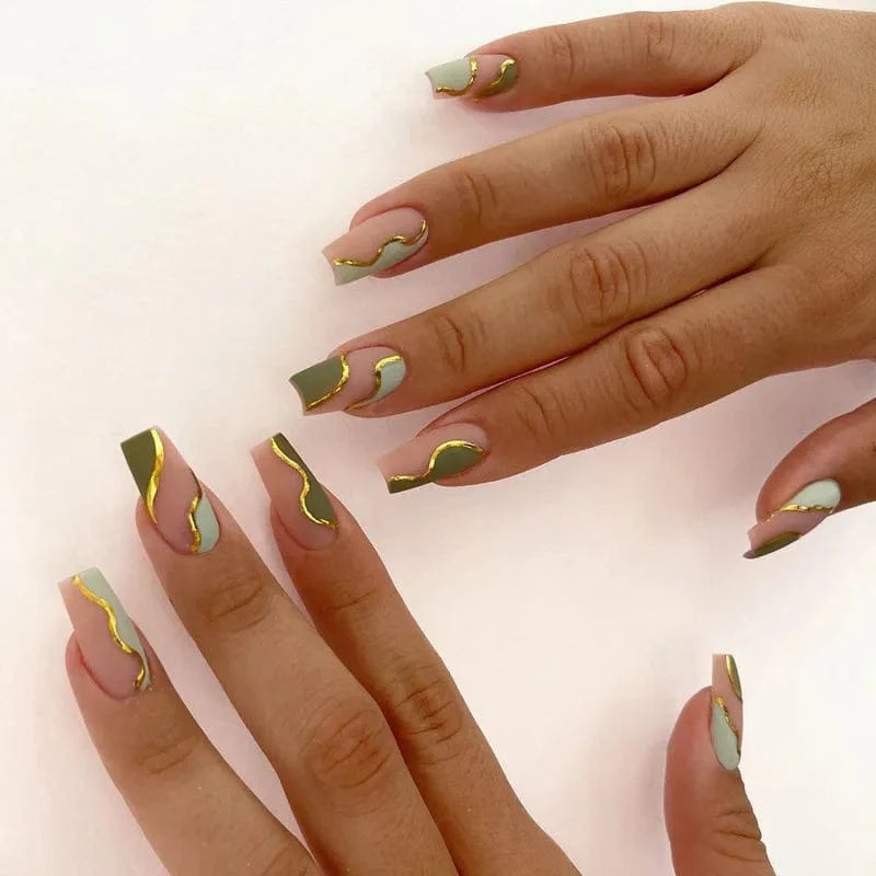 Light green stripe press on nails by Showlu Fashion Store, 24-piece set with long coffin acrylic tips and decorative designs.