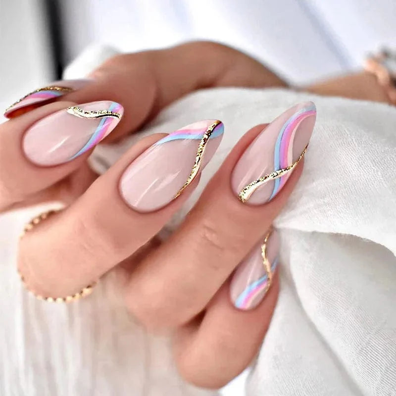 Light green stripe press-on nails from Showlu Fashion Store, long coffin acrylic tips with gradient design, 24-piece set.