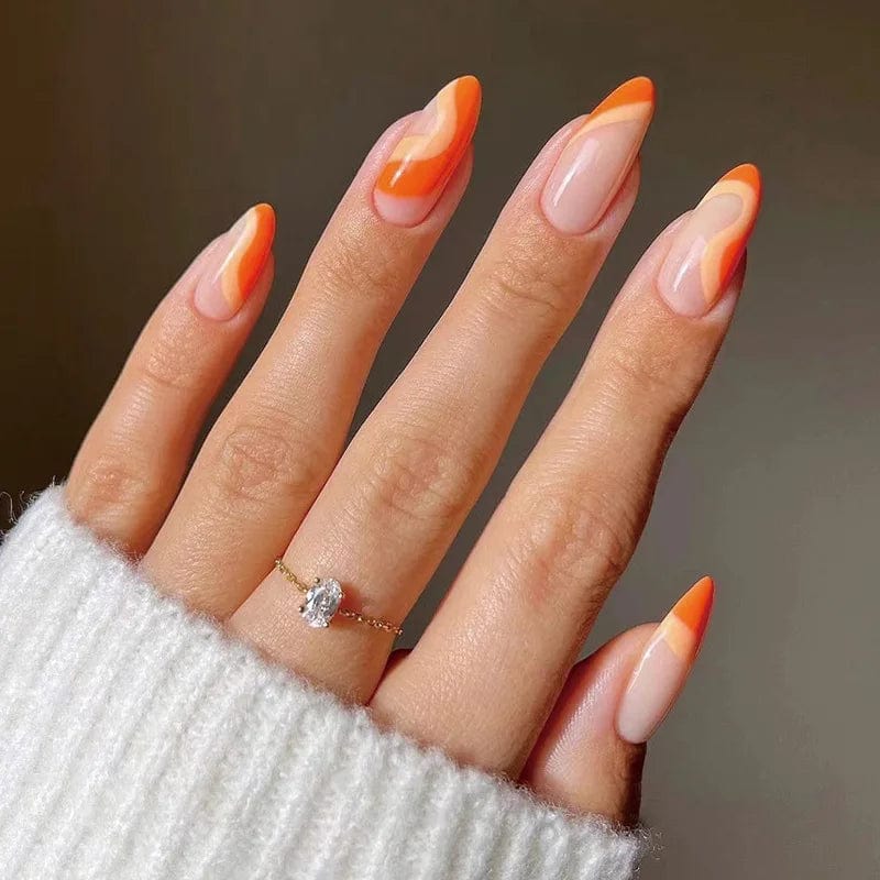 Light green stripe press on nails by Showlu Fashion Store, long coffin acrylic tips with gradient design, worn on natural nails.