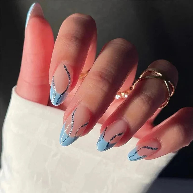 Light green striped press-on nails by Showlu Fashion Store, 24-piece long coffin acrylic tips with gradient design.
