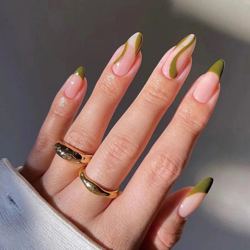 Light green stripe press-on nails by Showlu Fashion Store, long coffin-shaped acrylic tips with gradient design, 24-piece set.