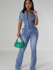  Showlu Fashion Store JRRY Sexy Women Denim Jumpsuits Short Sleeve Turn Down Collars Buttons Pockets Flared Pants Denim Bodysuit