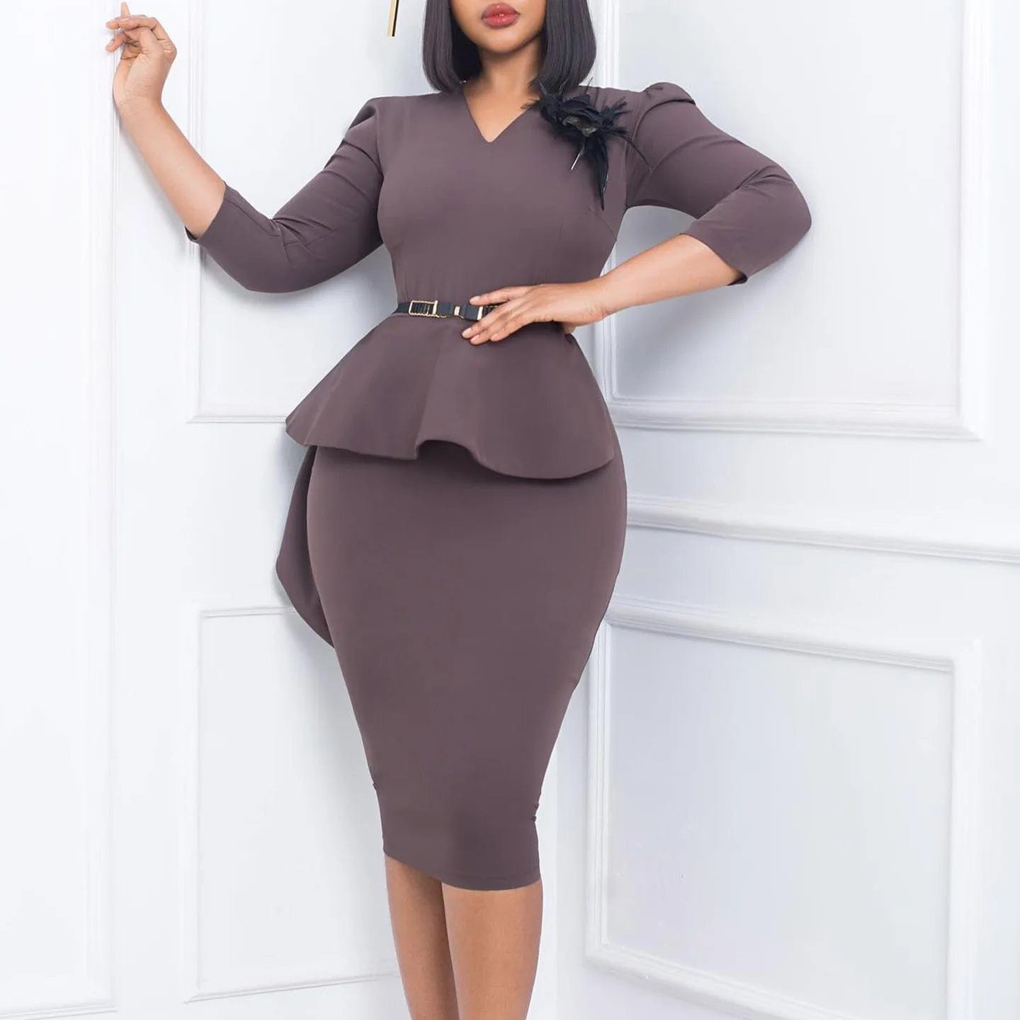 SHOWLU FASHION STORE KaFeiSe / XXXL Summer Elegant Applique Ruffles Bodycon Pencil Dress With Belt Women Classic Business Office Mid Dresses