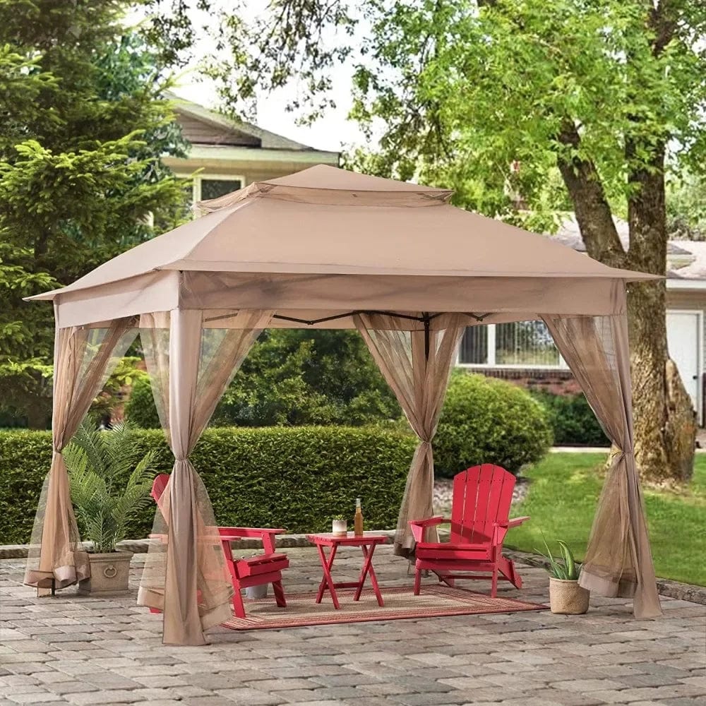 Showlu Fashion Store Khaki / 11x11 / United States 11x11 ft. Pop-Up Instant Gazebo, Outdoor Portable Steel 2-Tier Top Canopy/Tent with Netting and Carry Bag, Patio Umbrellas Tents