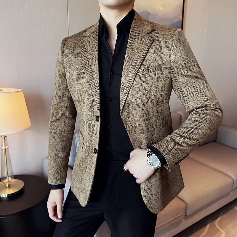 SHOWLU FASHION STORE Khaki 20 / Asia XL 61-67kg Men's British Style Fashionable Luxury Suit Jacket High-quality Plaid Slim Fit Business Social Blazer Wedding Dress Party Jacket