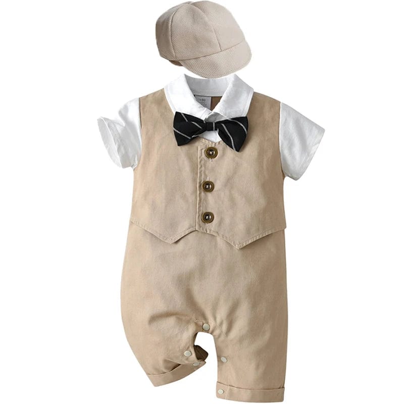 Showlu Fashion Store Khaki / 3M-6M Baby Boy Clothes Roupa Infantil Romper Cotton Gentleman Baptism Rompers + Hat 2pcs Newborn Clothes Set Uniforms Baby Body Suits