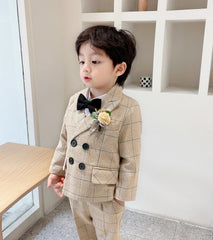 Showlu Fashion Store khaki / 4T Children's Flormal Plaid Dress Suit Set Baby Boy Autumn Wedding Party Banquet Costume Kids Double Breasted Blazer Pants Bowtie