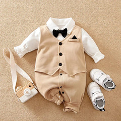 Showlu Fashion Store Khaki / 9-12M 0-18m Newborn Clothing Gentleman Handsome Formal Suit Suit Cotton Comfortable Soft Spring And Autumn Long Sleeved Baby Jumpsuit