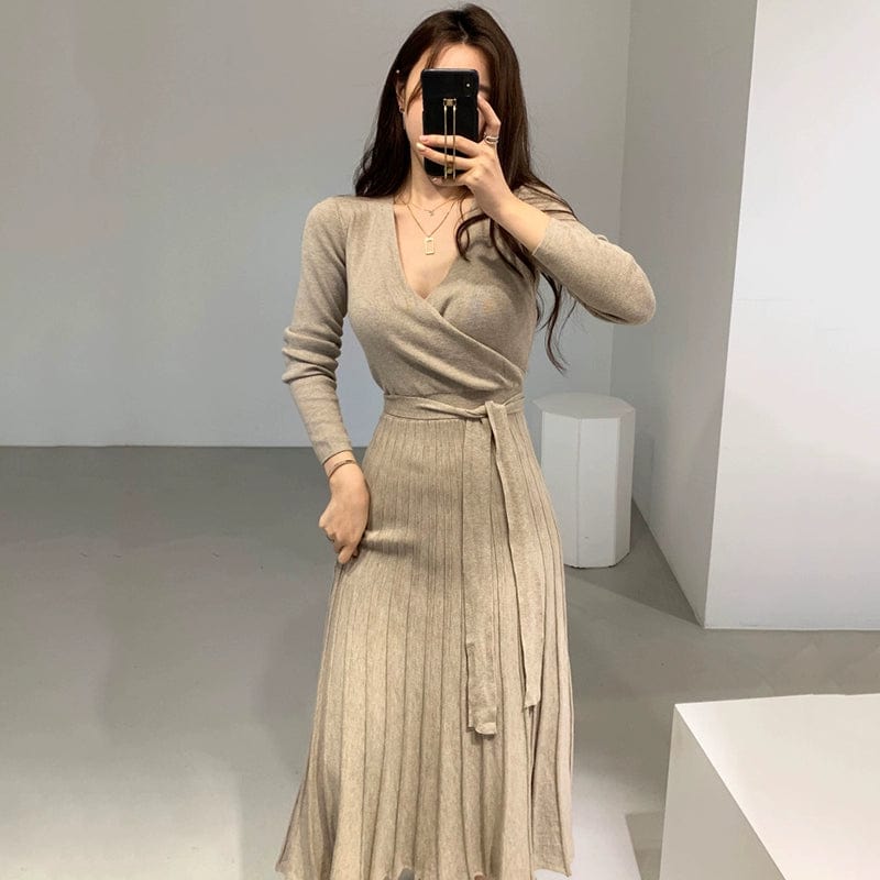 SHOWLU FASHION STORE Khaki / All yards Chic Cross Lace up Slimming Pleated Knit Dress