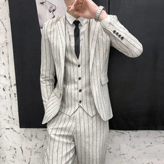 Showlu Fashion Store khaki / Asian 4XL is US L 2023 Fashion New Men's Leisure Boutique Business Plaid Slim Suit 3 Pcs Set / Male Linen Striped Dress Blazers Jacket Pants Vest