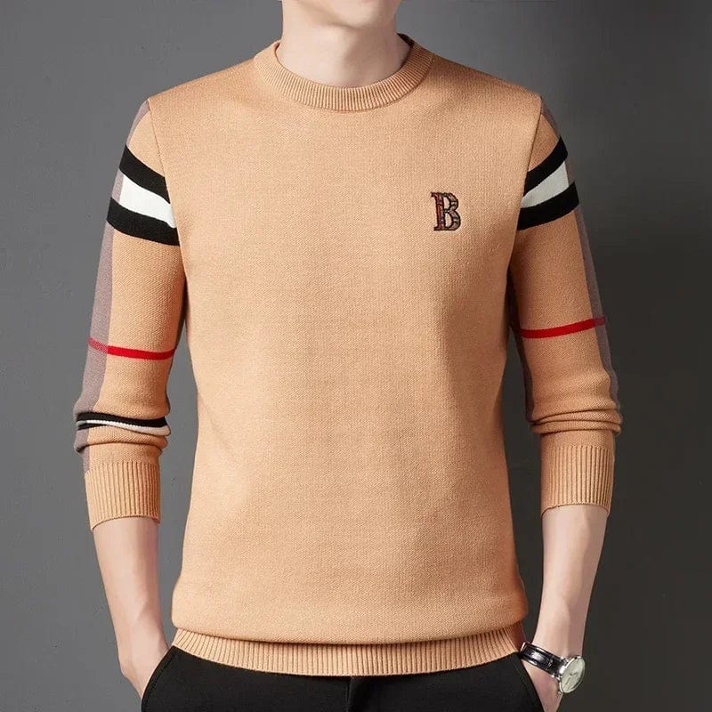  Showlu Fashion Store Khaki / Asian L 52-58KG Men's Sweater Knitted Pullover 2024 Autumn/Winter New Soft Warm Striped Checker Round Neck Sweater Casual Fashion Men Clothing