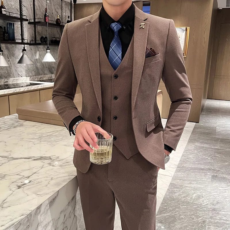  Showlu Fashion Store khaki / Asian L is Eur S High Quality 2023New Men's (suit + Vest + Trousers) Wedding Banquet Boutique Business Slim-fit Plaid Dress Three-piece Set M-5XL