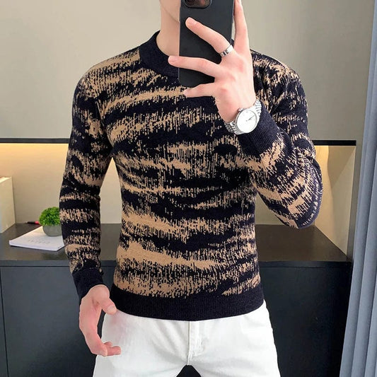 SHOWLU FASHION STORE Khaki / M 45-57KG Autumn Winter Velvet Knitted Sweater Men Long Sleeve Casual Business Sweaters Comfortable Warm Versatile Social Pullover Tops