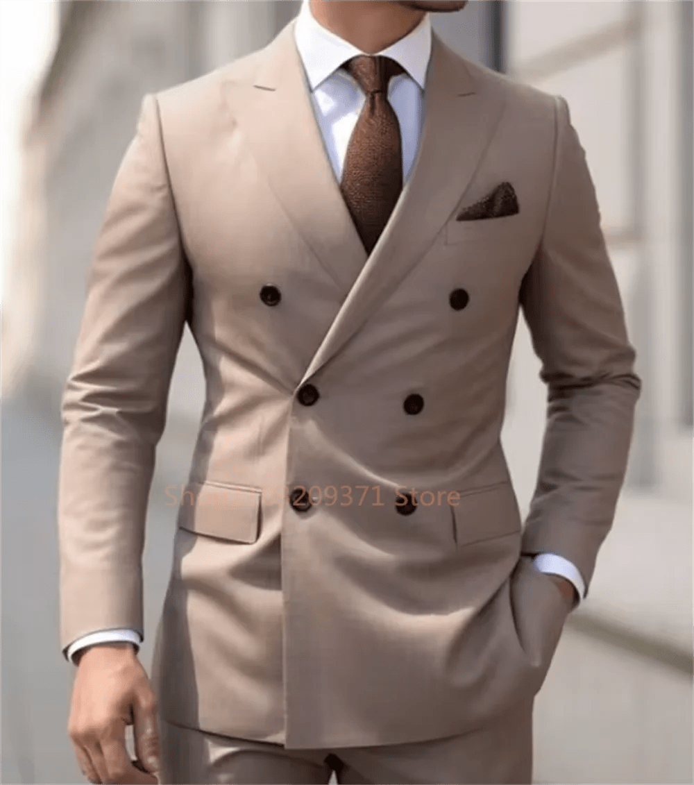 SHOWLU FASHION STORE Khaki / M(EU48 or US38) High Quality Brown Men Suits 2024 Double Breasted Bespoke Wedding Suit Peaked Lapel Formal Blazer Slim Fit 2 Piece Jacket Pants