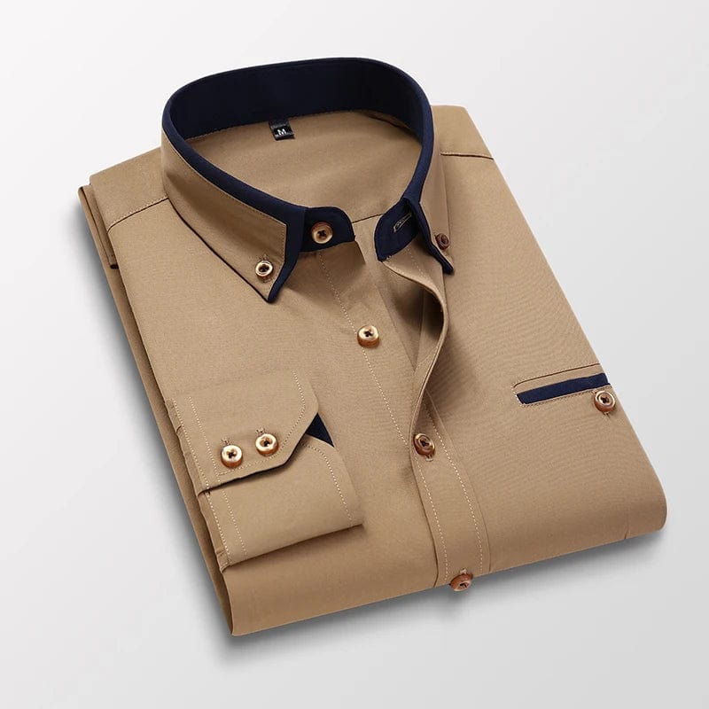 SHOWLU FASHION STORE Khaki / M High Quality Stylish Casual Shirt Double Collar Striped Mens Dress Shirts Mens Long Sleeve Shirts non iron Double Collar Shirt