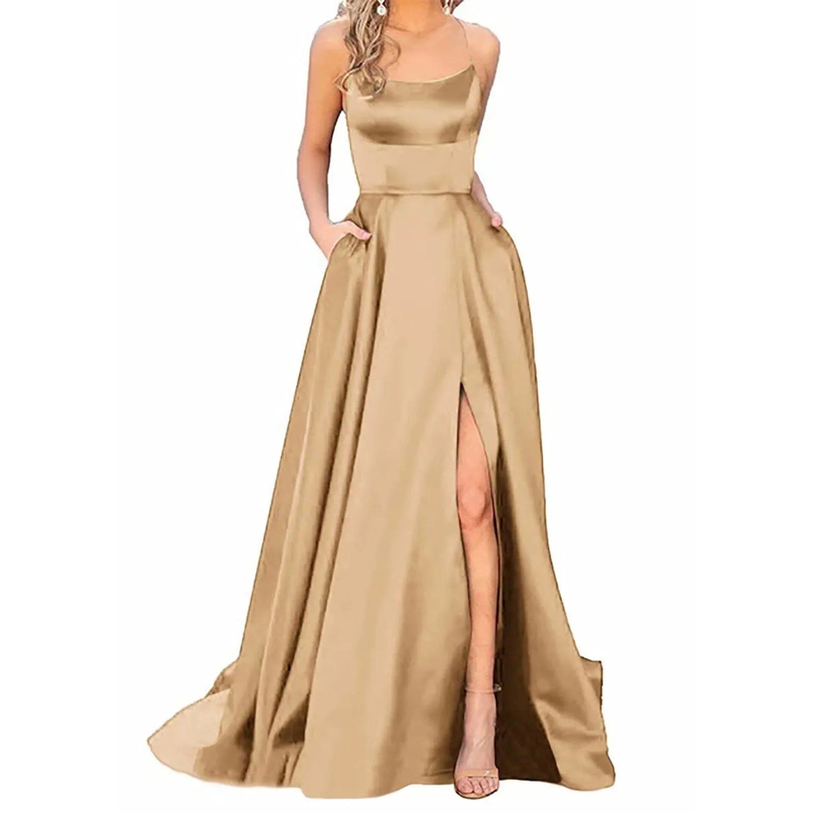 SHOWLU FASHION STORE Khaki / M Sexy Spaghetti Strap Evening Stain Dresses Fashion Red Big Swing Front Slit Party Prom Dress Elegant Wedding Dresses Balls Gowns