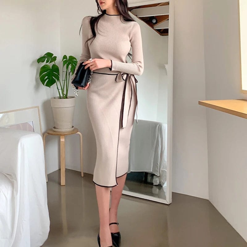 SHOWLU FASHION STORE Khaki / One Size YuooMuoo Chic Fashion Knitted Dresses 2024 Autumn Winter Women Lace-up Long Sleeve Sweater Dress Elegant Office Lady Vestidos