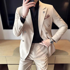 Showlu Fashion Store Khaki Plaid / Asian 5XL is US XL 2023 Fashion New Men Boutique Double Breasted Plaid Slim Business Wedding Suit Pants2 Pcs Set Dress Blazers Jacket Trousers