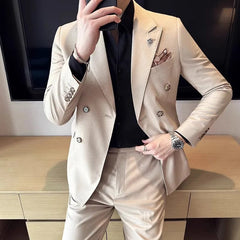 Showlu Fashion Store Khaki Plaid / Asian XL is US XS 2023 Fashion New Men Boutique Double Breasted Plaid Slim Business Wedding Suit Pants2 Pcs Set Dress Blazers Jacket Trousers