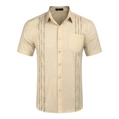  Showlu Fashion Store Khaki / S / CHINA Men's Short Sleeve Linen Shirt Cuban Beach Tops Pocket Guayabera Shirts Social dress shirt Solid Shirts Flower Holiday