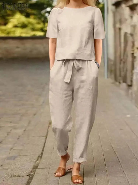 SHOWLU FASHION STORE Khaki / S ZANZEA Summer Women Short Sleeve Blouse Harem Pants Sets 2PCS Solid Tracksuit Two Piece Sets Loose Outifit Casual Matching Sets