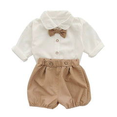  Showlu Fashion Store Khaki-[short sleeve + pants]] / Coat Label 110 Summer Handsome Bow Tie Small Shirt Autumn One Year Old Celebration Dress