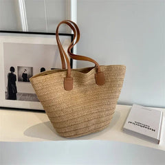  Showlu Fashion Store Khaki Women Braided Basket Clutches Top-handle Bag Large Straw Portable Shoulder Bag Summer Beach Party Purses Shopper Satchel Female