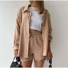 SHOWLU FASHION STORE Khaki / XXL Oversized Shirt Shorts Two Piece Sets Women Summer Cotton Tops With Loose High Waist Shorts Suit 2023 Fashion Streetwear Outfits