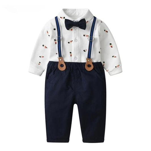 Showlu Fashion Store Kids Boy First Birthday Cosumes Bear Printed Shirt With Bowknot + Suspender Pants Children Korean Fashion Cartoon Clothes