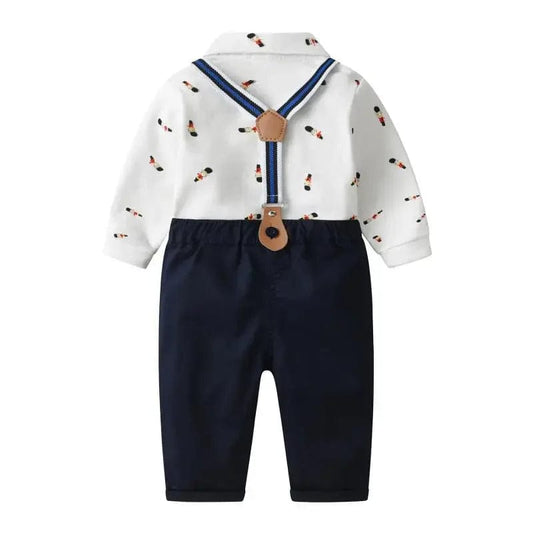 Showlu Fashion Store Kids Boy First Birthday Cosumes Bear Printed Shirt With Bowknot + Suspender Pants Children Korean Fashion Cartoon Clothes