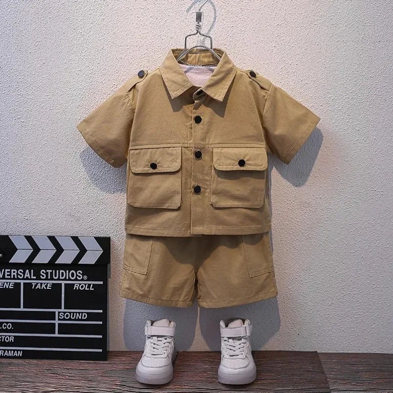  Showlu Fashion Store Kids Summer New Boys Suit Child Buttons Shirt Cargo Shorts Multi-pocket Workwear 2024 Suit Short Sleeve Shorts Cotton Set