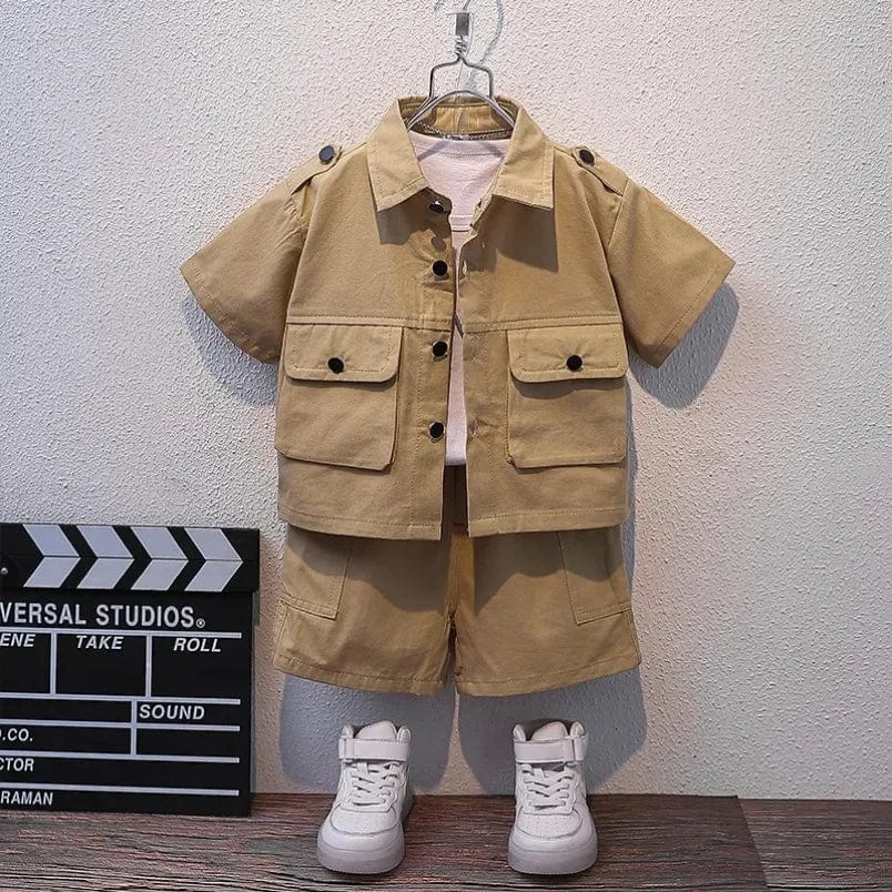  Showlu Fashion Store Kids Summer New Boys Suit Child Buttons Shirt Cargo Shorts Multi-pocket Workwear 2024 Suit Short Sleeve Shorts Cotton Set