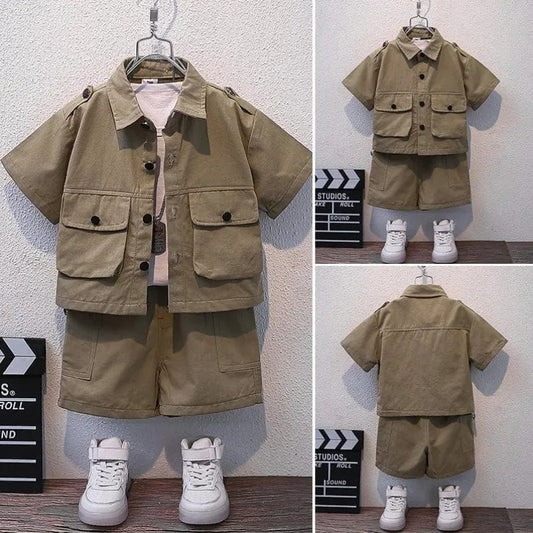  Showlu Fashion Store Kids Summer New Boys Suit Child Buttons Shirt Cargo Shorts Multi-pocket Workwear 2024 Suit Short Sleeve Shorts Cotton Set