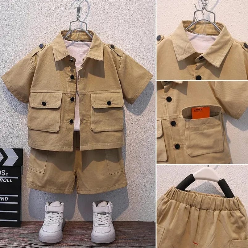  Showlu Fashion Store Kids Summer New Boys Suit Child Buttons Shirt Cargo Shorts Multi-pocket Workwear 2024 Suit Short Sleeve Shorts Cotton Set