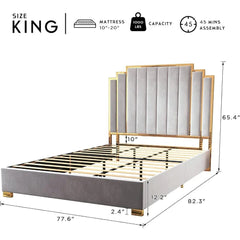 SHOWLU FASHION STORE King Size Bed Frame and 65" Headboard, Upholstered Beds with Golden Plating Trim, No Box Spring Needed, Bed Frame