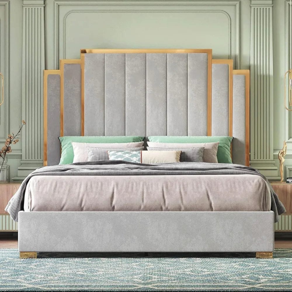 SHOWLU FASHION STORE King Size Bed Frame and 65" Headboard, Upholstered Beds with Golden Plating Trim, No Box Spring Needed, Bed Frame