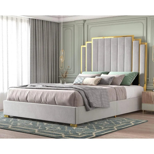 SHOWLU FASHION STORE King Size Bed Frame and 65" Headboard, Upholstered Beds with Golden Plating Trim, No Box Spring Needed, Bed Frame