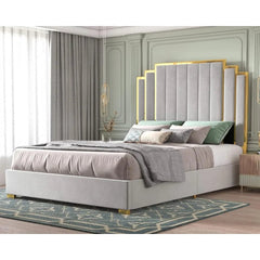 SHOWLU FASHION STORE King Size Bed Frame and 65" Headboard, Upholstered Beds with Golden Plating Trim, No Box Spring Needed, Bed Frame