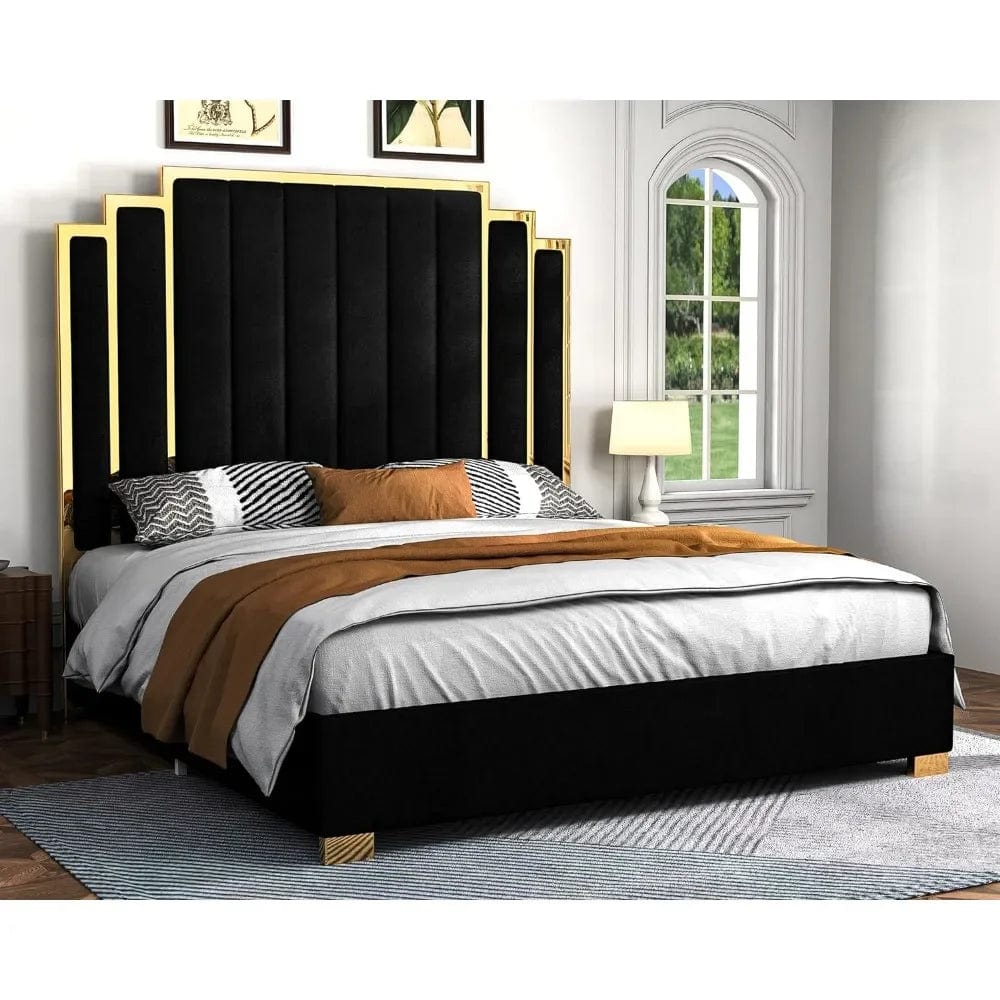 SHOWLU FASHION STORE King Size Platform Bed Frame, 65" Velvet Upholstered Bed with Gold Trim Headboard/Wooden Slats